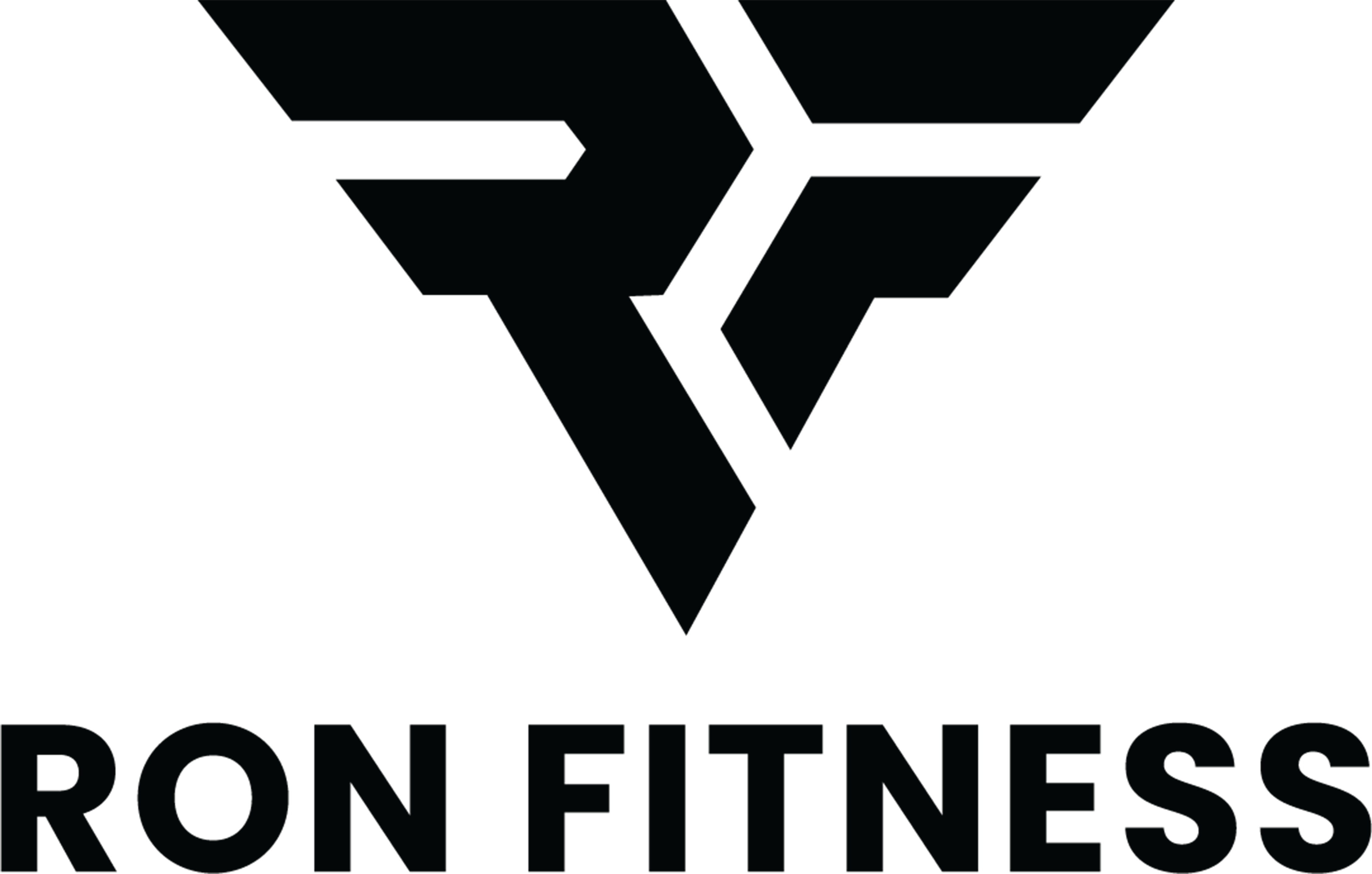 Ron Fitness logo med en moderne, geometrisk design som danner bokstavene 'RF' over teksten 'Ron Fitness'.